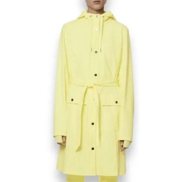 ✨FINAL PRICE DROP‎ RAINS Jacket Women’s Yellow Hooded Trench Coat Pockets 18130 - Picture 1 of 8